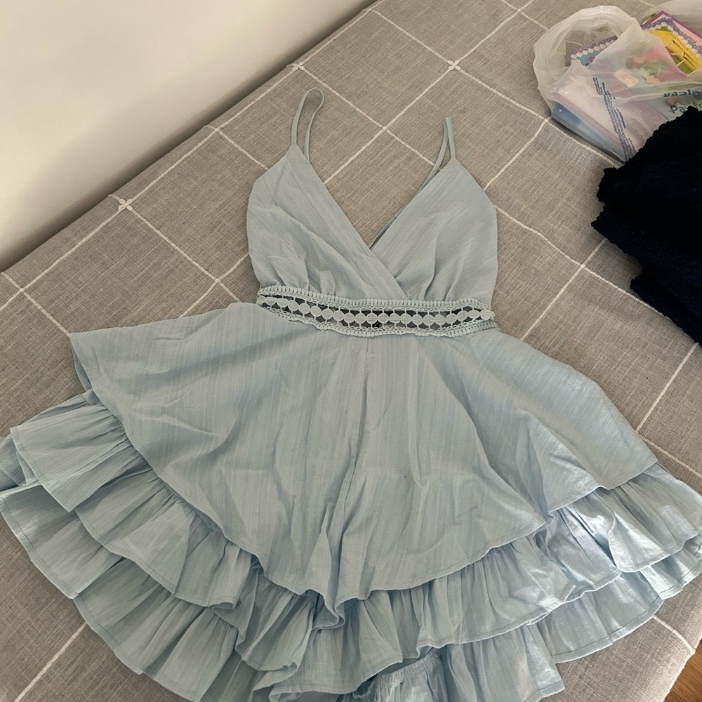 Light Blue Tiered Ruffle romper with Crochet Waist
